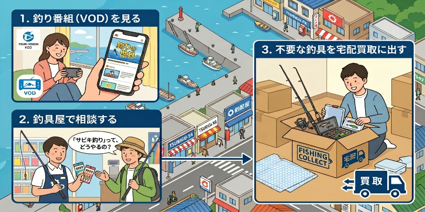 初心者が多様な方法で学ぶ姿をインフォグラフィックで表現。1. 釣り番組をスマホで観る。2. 釣具屋で店員に質問する。3. 不要な釣具を梱包し、宅配買取に出す。