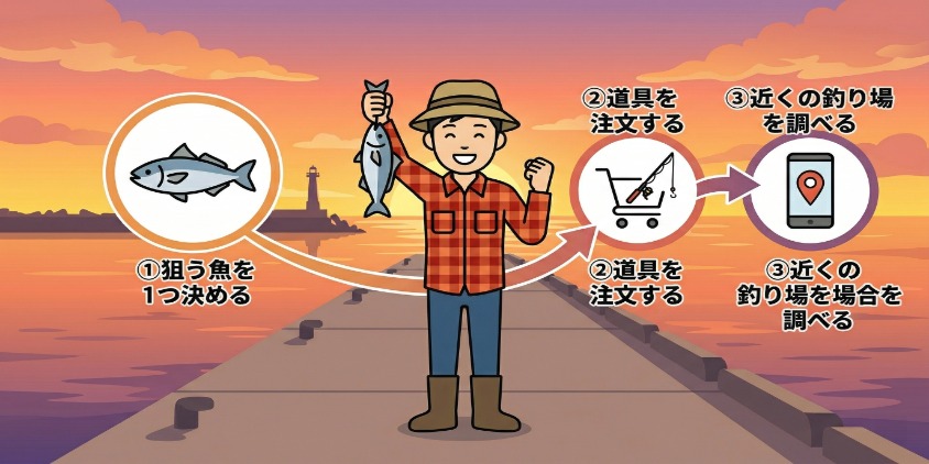 笑顔で最初のアジを釣り上げ、もう片方の手でガッツポーズをする日本人の女性。背後に、3つのステップ（①狙う魚、②道具、③釣り場）を明確なタイムラインと矢印で繋いだインフォグラフィックアイコン。日本語テキスト入り。