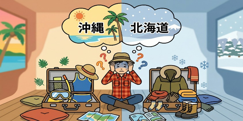 初心者が狙う魚を決めずに釣具を選ぶ迷いを、沖縄（水着）か北海道（コート）か決めずに荷造りする様子に例えたインフォグラフィック。日本語テキスト入り。