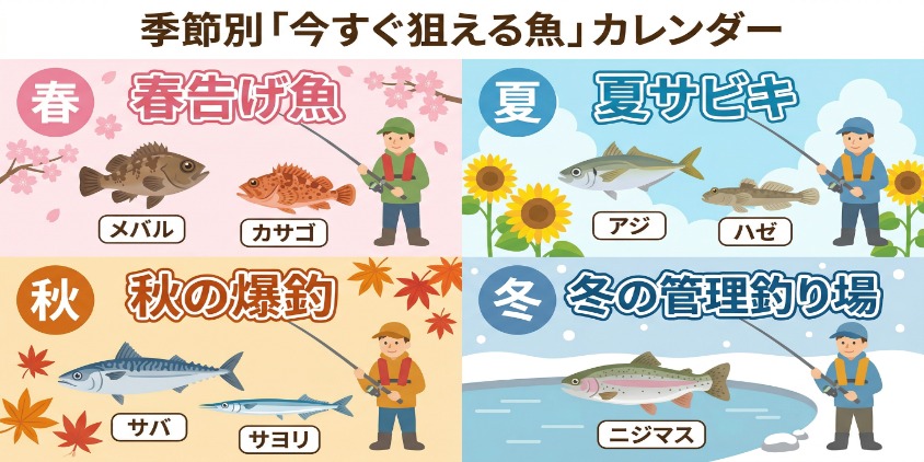 四季（春、夏、秋、冬）ごとの日本の風景（桜、ヒマワリ、紅葉、雪）と、それぞれの季節に釣れる魚（メバル、アジ、ハゼ、サヨリ、ニジマス）を描いたカレンダー風インフォグラフィック。日本語テキスト入り。