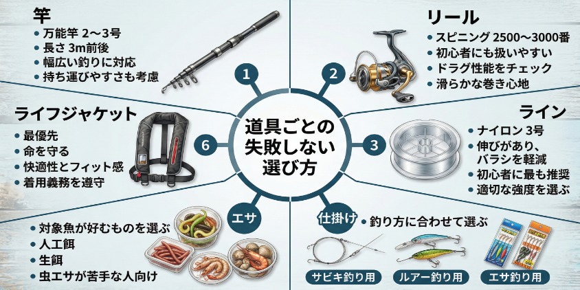 道具ごとの正しい知識を凝縮。竿（万能）、リール（スピニング）、ライン、仕掛け、エサ、ライフジャケットの選び方。