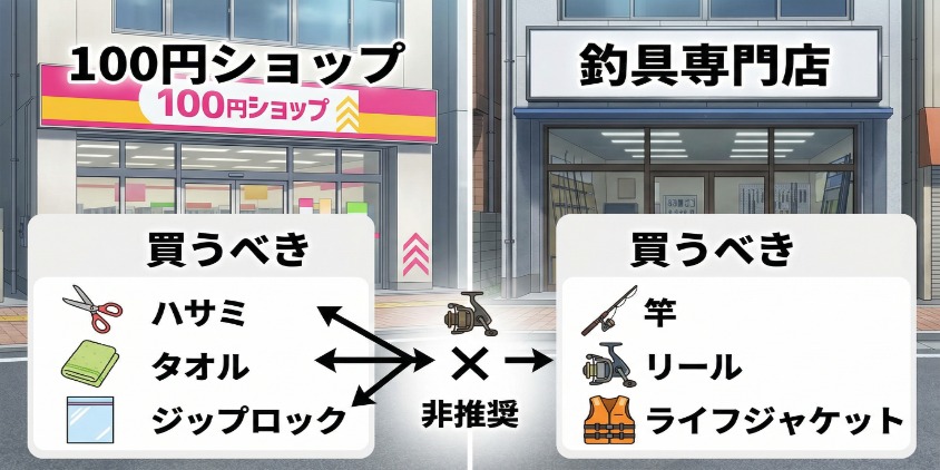 100均（ダイソー風）と釣具専門店の店舗が並び、それぞれの店舗から「買うべき道具」を示す矢印。