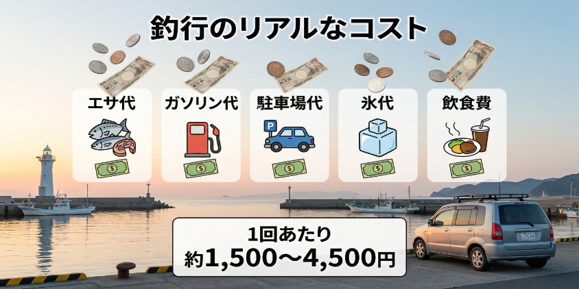 財布から「エサ」「ガソリン」「駐車場」「氷」に飛んでいくお金。円グラフとタイムラインを使った「隠れコスト」の図解