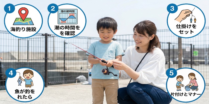 日本人親子（母・息子）がサビキ釣りをしている傍らに、STEP 1〜5のアイコンとテキストがフローチャートのように配置。海釣り施設。