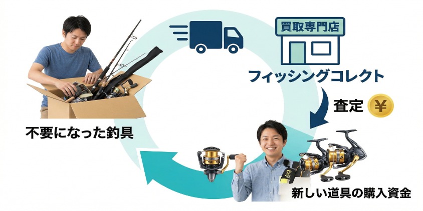 不要になった釣具（古い竿リールセット）が詰まったダンボールが、新しいピカピカの釣具（サハラ）とお金に変わるサイクル。