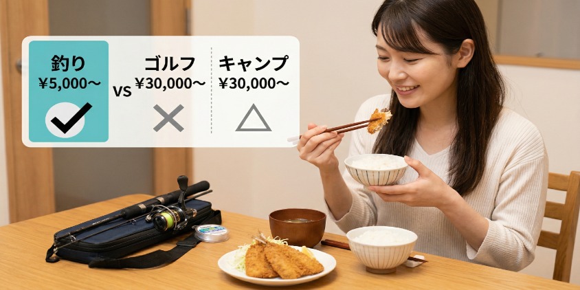 釣り道具一式とアジフライを前に笑顔の日本人女性。他の趣味（ゴルフ・キャンプ）との初期費用比較図解。