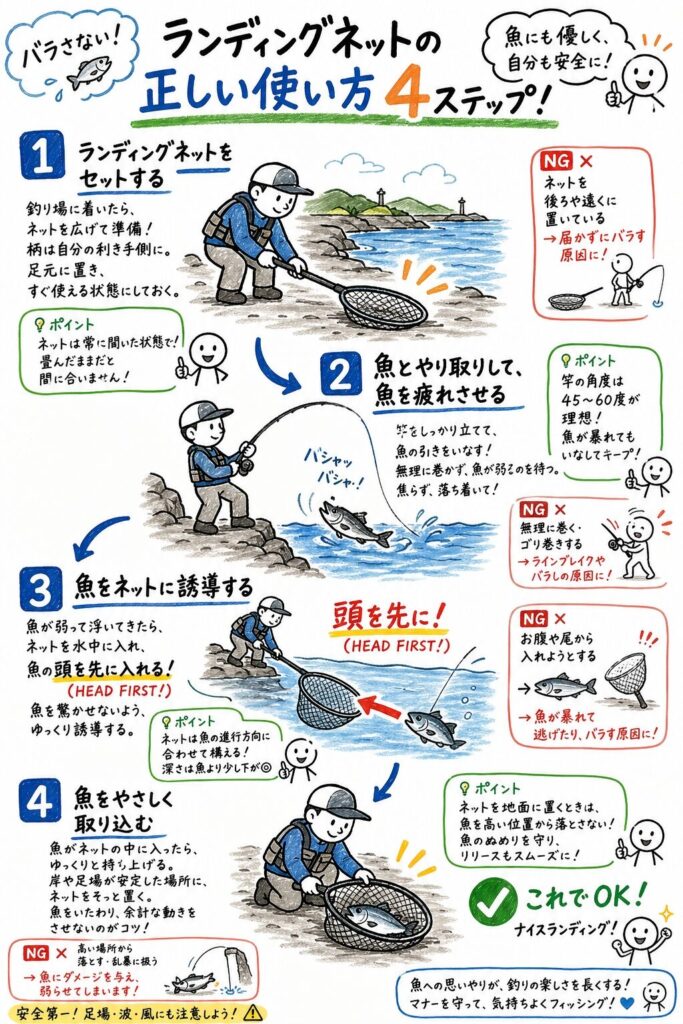 タモの正しい使い方4ステップをグラフィックレコーディング形式で図解。1.セット、2.魚を弱らせる、3.頭からネットイン、4.地面に置く、の流れを手書き風イラストと吹き出しで説明。
