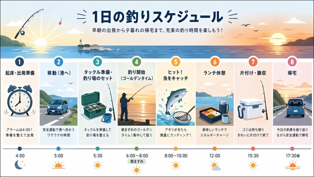 早朝4時の目覚ましから帰宅までの釣り1日の流れを示すタイムラインインフォグラフィック・フラットデザイン・パステルカラー・初心者向け行動ガイド