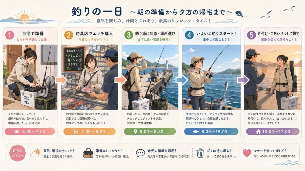 釣行当日の完全な流れを示すタイムラインインフォグラフィック。5つのステップを左から右へ順番に表示:①自宅玄関で道具を並べる準備、②釣具屋でエサ購入、③堤防到着と場所選び、④実際の釣り、⑤片付けと隣人への挨拶。日本人女性が主人公として全シーンに登場。柔らかいパステルカラーの現代的なデザイン。