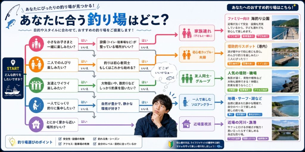 日本語の横型フローチャート診断図、子連れ・カップル・友達・単独・近場の各タイプから最適な釣り場へ分岐する矢印と写真サムネイル、中央に考える日本人のインフォグラフィック