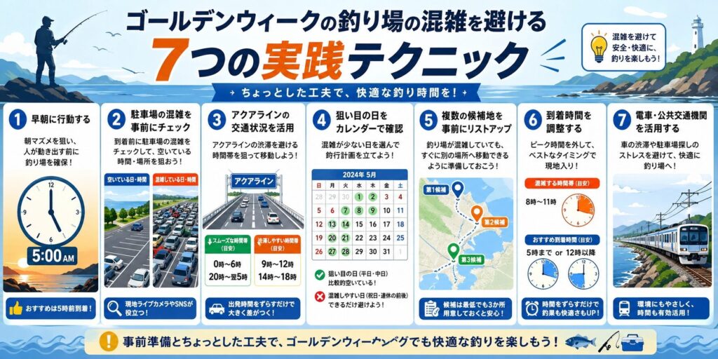 GW混雑回避の7つのテクニックを横並びレイアウトで表示、早朝5時の時計・駐車場の空き比較・アクアライン渋滞情報・カレンダー・予備釣り場・ナビ時刻・電車アイコンが日本語で示されたインフォグラフィック