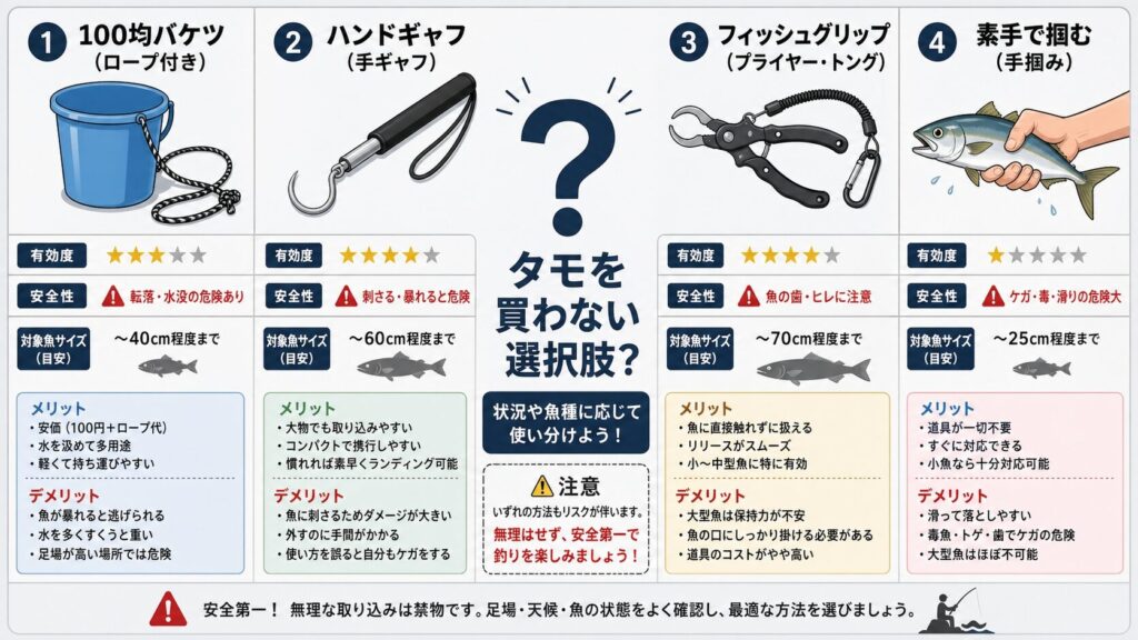 タモの代用品(100均バケツ、ハンドギャフ、魚掴みトング、素手)を比較したインフォグラフィック。各代用品の有効性評価、安全性警告、対象魚サイズ制限が明記されている。