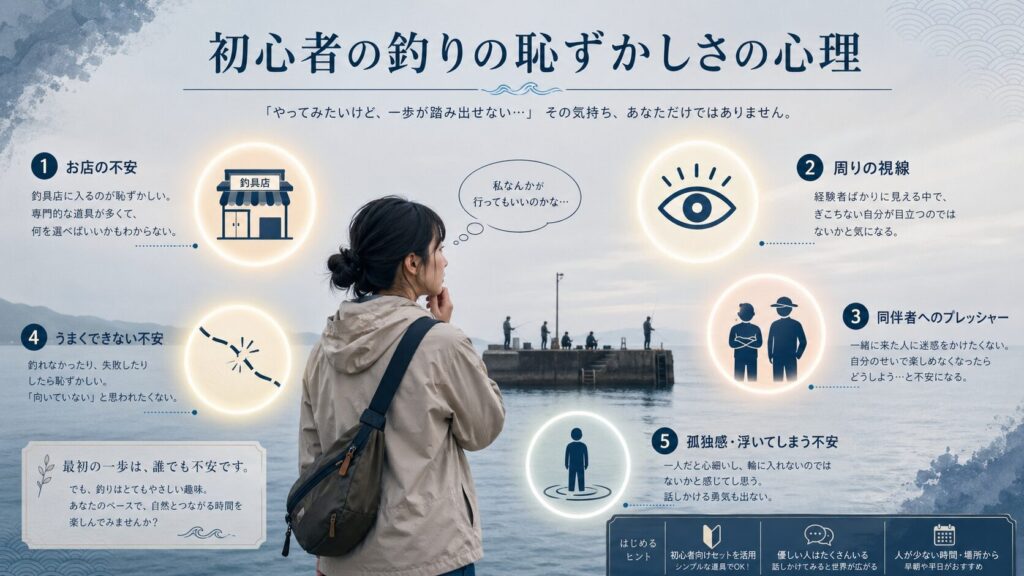 釣り初心者が感じる5種類の恥ずかしさを視覚化したインフォグラフィック。不安そうに釣り場を見つめる日本人女性の周囲に、店員への不安・他人の視線・同行者へのプレッシャー・失敗への恐怖・一人でいる違和感を象徴する5つのアイコンが配置されている。