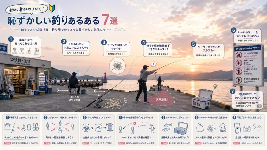 釣り初心者が恥ずかしいと感じる7つの典型的シーンを俯瞰したインフォグラフィック。釣具屋・一人釣行・仕掛けトラブル・キャスト失敗・ボウズ・マナー不安などが日本の堤防風景に自然に統合され、柔らかい夕暮れの色調で描かれている。