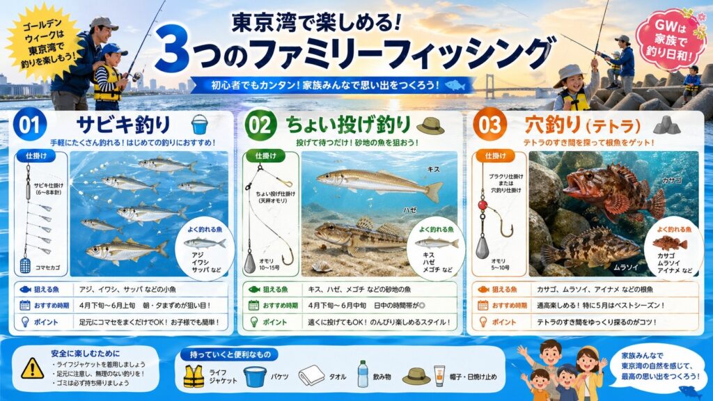 「GWの湾奥でファミリーが楽しめる3つの釣り方」のインフォグラフィック画像