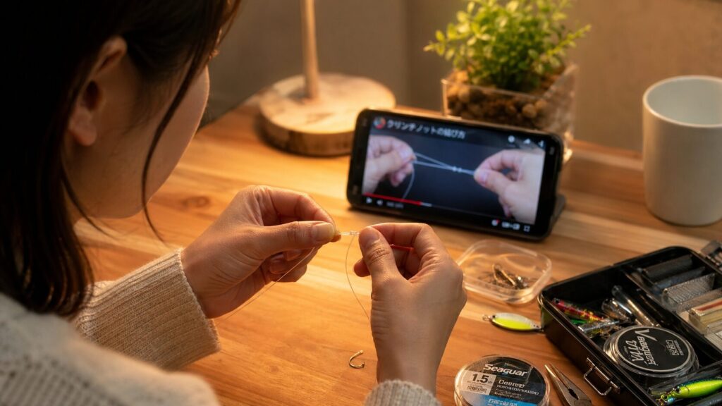 自宅の木製テーブルで釣り糸の結び方を練習する日本人女性の手元のクローズアップ。テーブルには釣り針や小物が広がり、スマートフォンでYouTubeの結び方チュートリアル動画を見ながら集中して練習している様子。温かいデスクライトの照明。