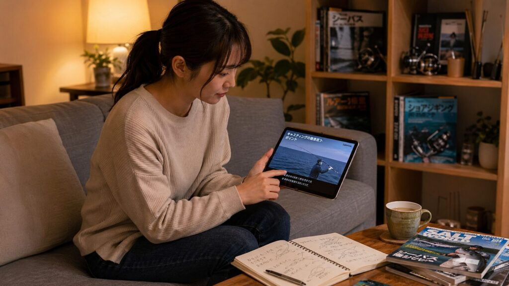 自宅のソファで釣りの予習をする日本人女性。タブレットで釣りのチュートリアル動画を視聴し、横にはノートと結び方のスケッチが広がっている。温かい夕方のリビングの照明、コーヒーカップ、背景の本棚には釣り関連の書籍。学習と準備への熱意が伝わる居心地の良いシーン。
