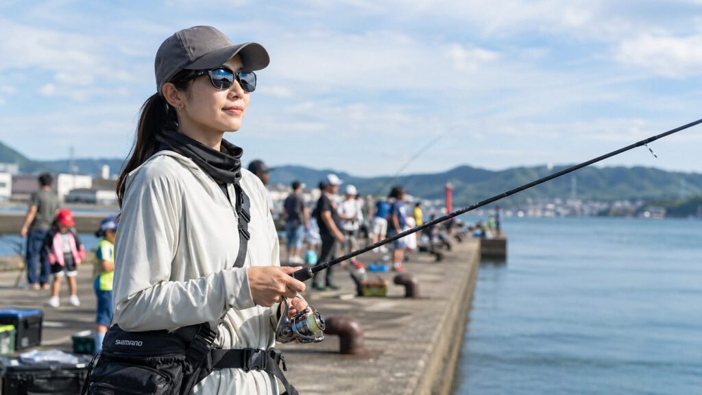 朝の堤防で自信を持って一人で釣りをする日本人女性。キャップと偏光サングラスを着用し、落ち着いた色のフィッシングウェアを身につけている。背景にはファミリー層や他の釣り人たちも釣りを楽しんでおり、安全で温かい雰囲気。自然な朝日と青空のもと、女性一人でも安心して釣りができる環境が表現されている。