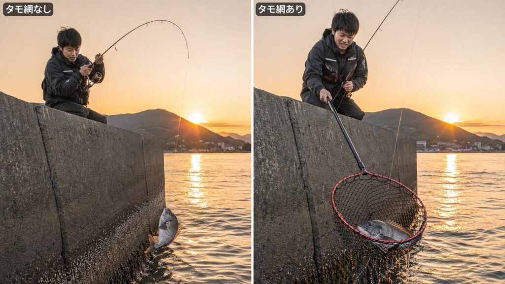 堤防で大きなクロダイを前にタモの有無で取り込み結果が分かれる様子を示す比較画像。左側はタモなしで糸が切れそうな緊迫したシーン、右側はタモで確実に取り込む安心のシーン。夕暮れの堤防。