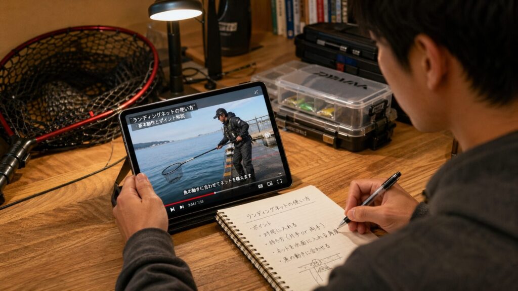 自宅でタブレットを使って釣り動画を視聴しながら学ぶ日本人釣り人。画面にはプロのタモ入れテクニックが映され、ノートを取りながら真剣に学習している様子。背景には釣具が配置されている。