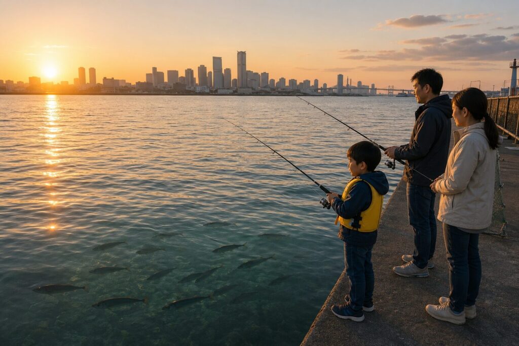  GW期間の東京湾で朝焼けの中、防波堤に立つ日本人家族が釣り竿を持ち、穏やかな海面にアジやサバのシルエットが見える初心者に最適な釣りシーズンの風景