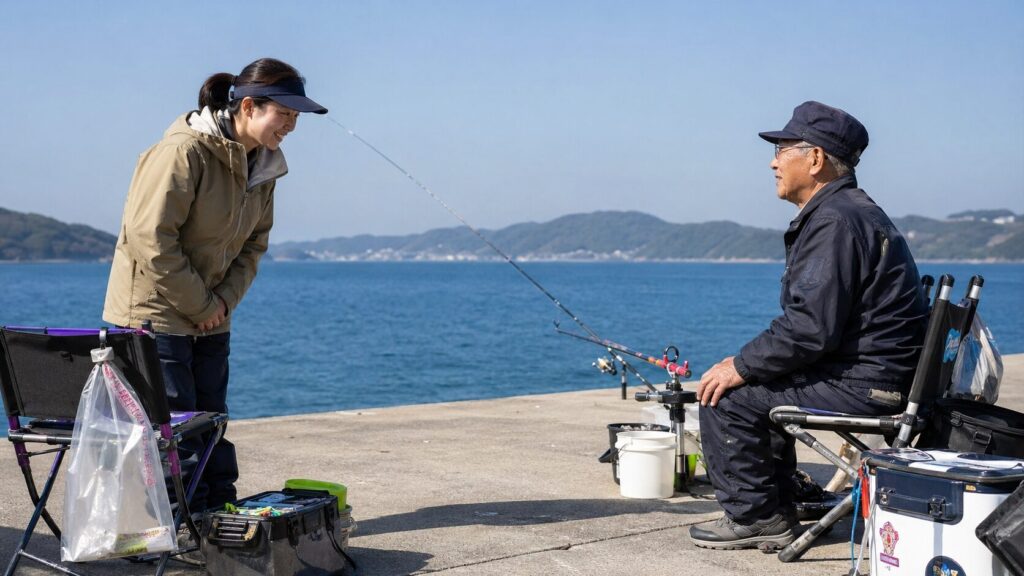 堤防で隣の年配の日本人男性釣り人に笑顔で軽く挨拶する日本人女性釣り人。両者の間には適切な距離が保たれ、女性の椅子にはゴミ袋が取り付けられ、タックルボックスも整理されている。青空と海を背景に、マナーを守ることで生まれるコミュニティと尊重の雰囲気。