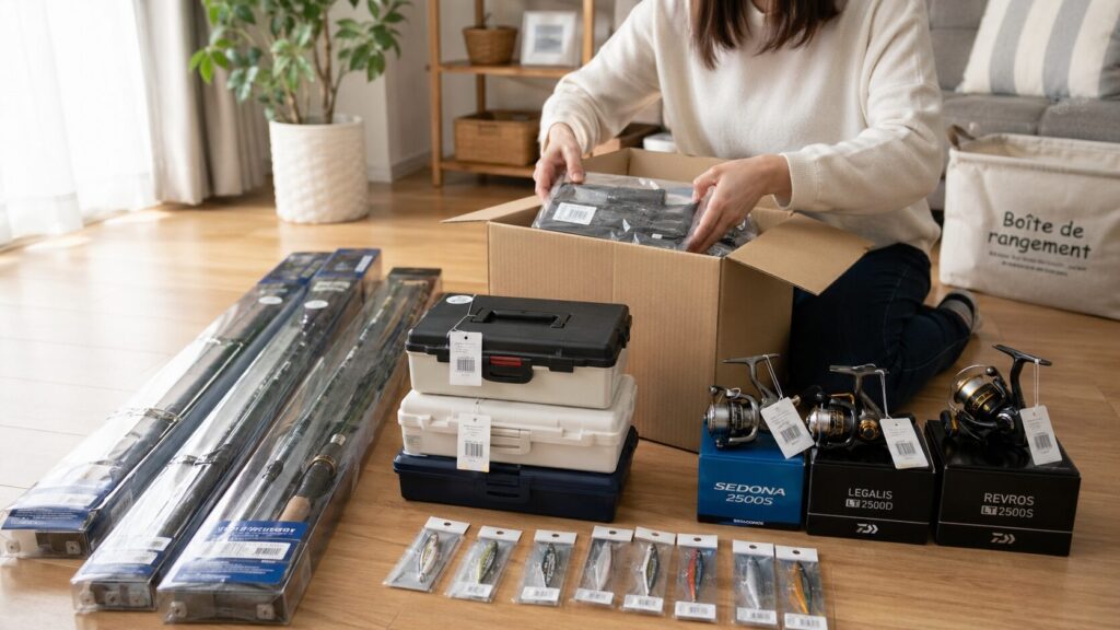  自宅の木製床に整理された未使用の釣具。パッケージに入ったままの釣竿、タグ付きのタックルボックス、箱入りのリールなど。日本人女性の手が発送用の段ボール箱に丁寧に梱包している様子。自然な窓からの光、整理整頓された室内で、使わない道具を責任を持って処分する実用的なアプローチ。