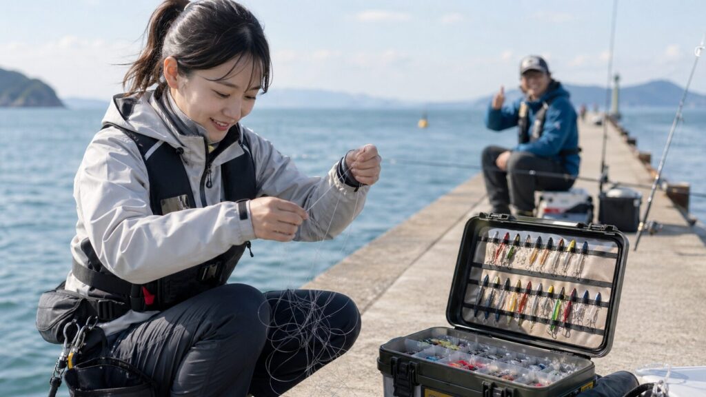 堤防で絡まった釣り糸に冷静に対処する日本人女性。横には予備の仕掛けが整理されたタックルボックスが開いており、背景の他の釣り人が理解ある仕草を見せている。落ち着いた表情と準備の良さで、初心者の失敗から優雅にリカバリーする瞬間を捉えた自然光の写真。

