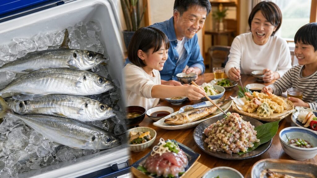 左側に氷の入ったクーラーボックスの新鮮なアジ、右側になめろう・天ぷら・塩焼きが並ぶ食卓を囲む笑顔の日本人家族、釣果から食卓までの流れを示す横長フォトリアル画像

[対象の箇所:H2-12] よくある質問(FAQ)