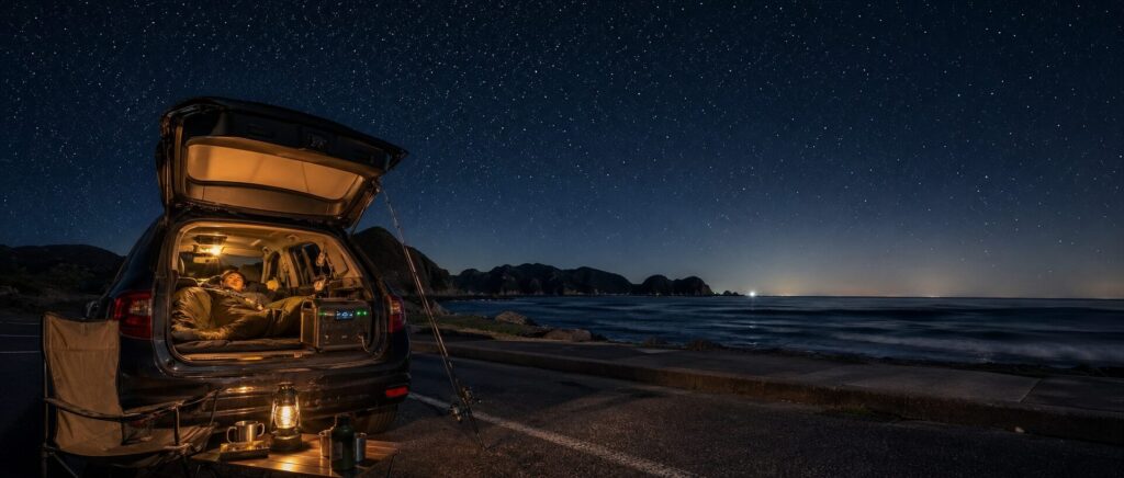  南房総の夜の海岸、車内で寝袋に入る日本人、車外には釣り竿と星空、ポータブル電源の光が灯る超ワイドパノラマのロマンチックで冒険的な車中泊釣行の風景