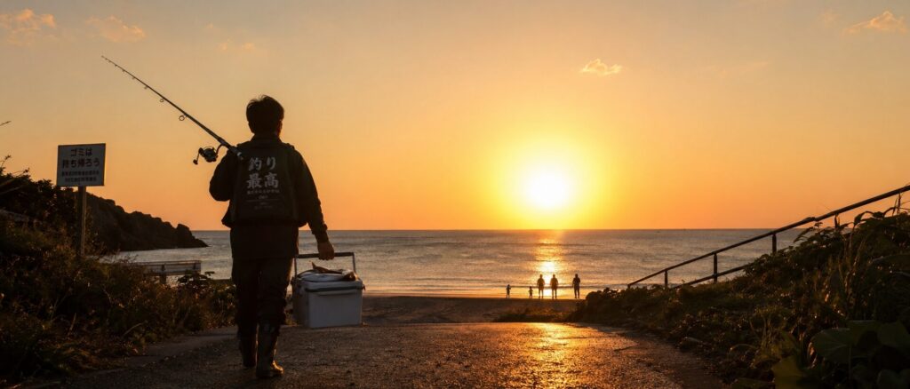 夕焼けの海を背景に釣り竿を肩にかけクーラーボックスを持つ日本人釣り人のシルエット、遠くに家族の影、新しい趣味の始まりを象徴する希望に満ちた横長パノラマ風景