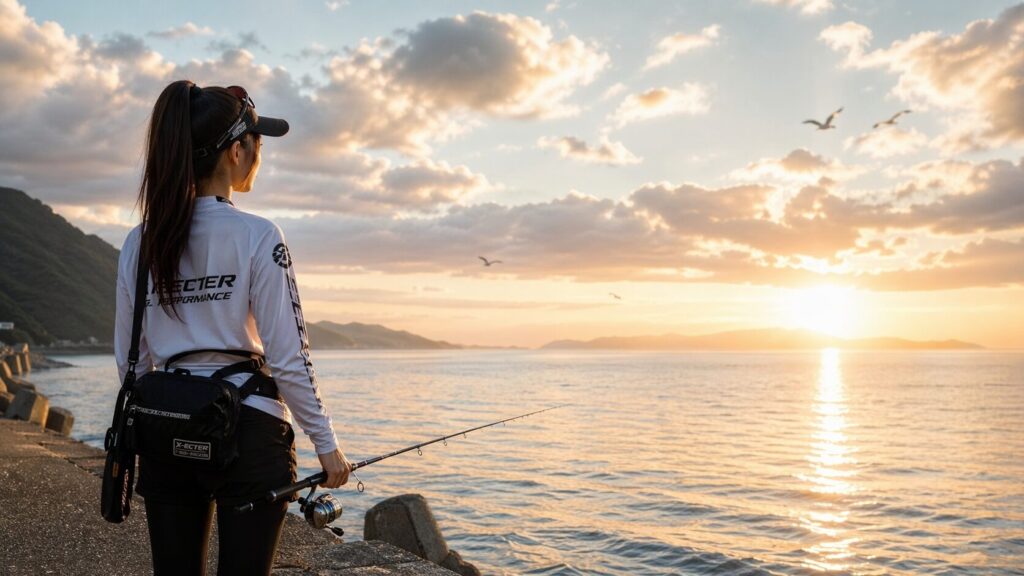 朝焼けの堤防で釣竿を持ち海を見つめる日本人女性の後ろ姿・温かな朝日・希望と新しい挑戦の始まり・釣りガールデビューへの応援メッセージ