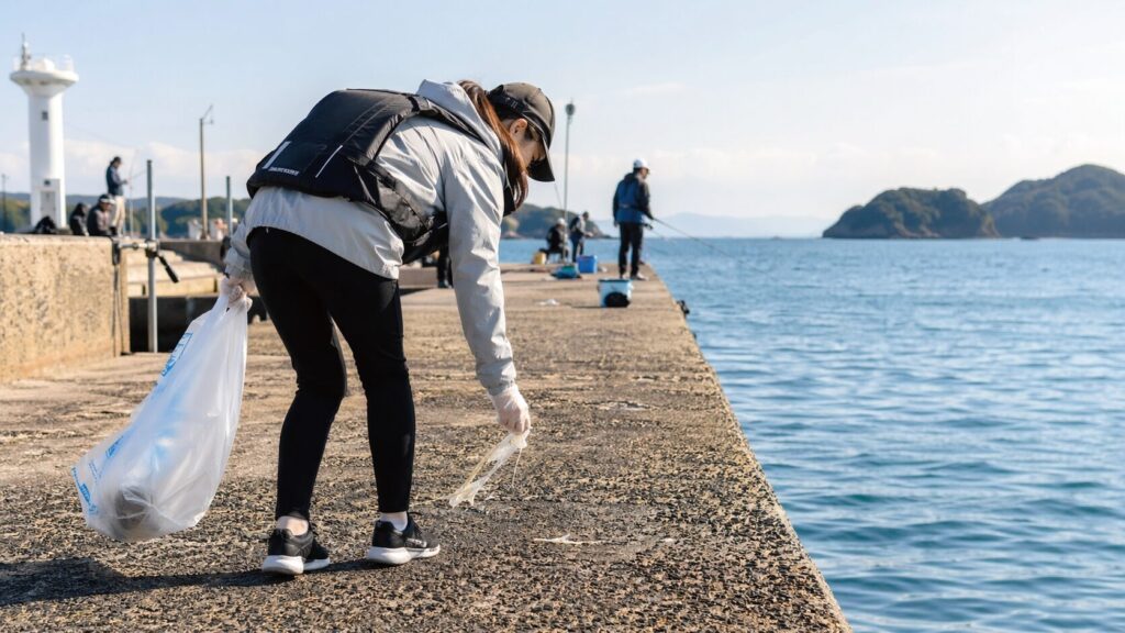 堤防でゴミを拾う日本人女性の後ろ姿・ゴミ袋を持ち環境保護・青く美しい海・釣り場のマナーと責任あるアングラー像