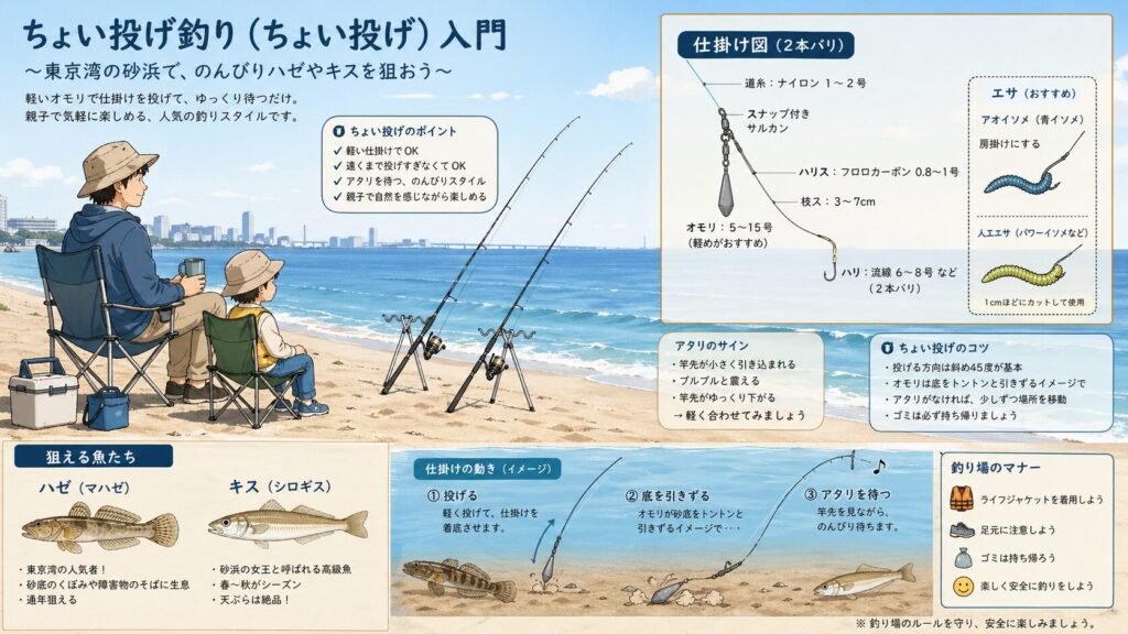 親子が砂浜で竿を置いて待つのんびりしたイラスト。仕掛けとハゼ・キスが描かれた解説図風