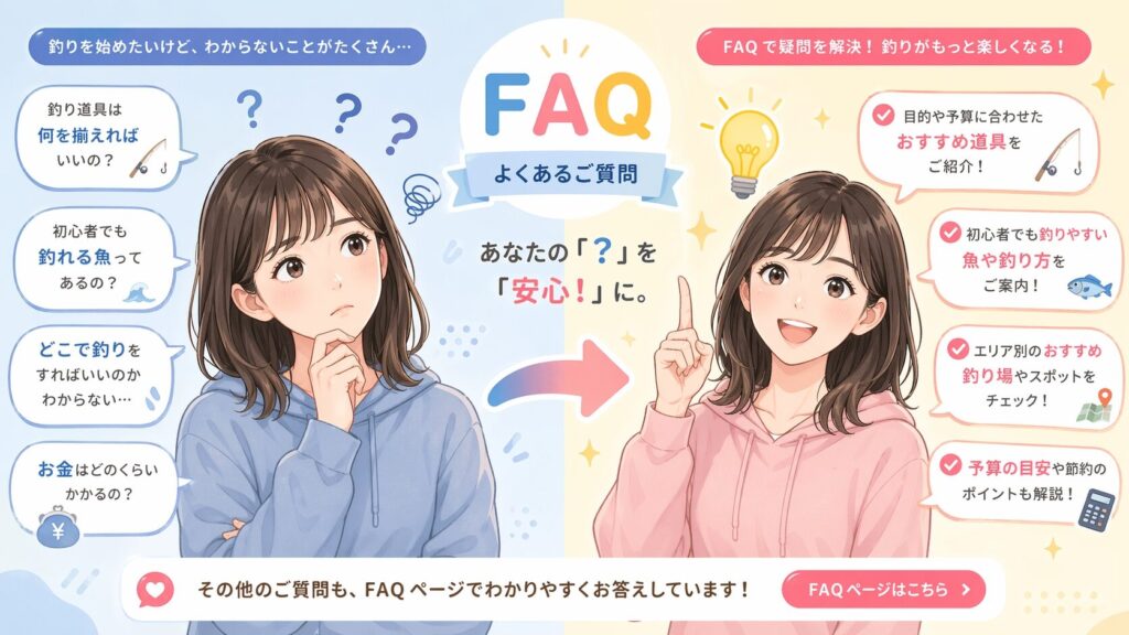 FAQ概念を示す2分割イラスト・左側は疑問符に囲まれ困惑する女性・右側はチェックマークと電球で笑顔の女性・パステルカラーで親しみやすいデザイン

