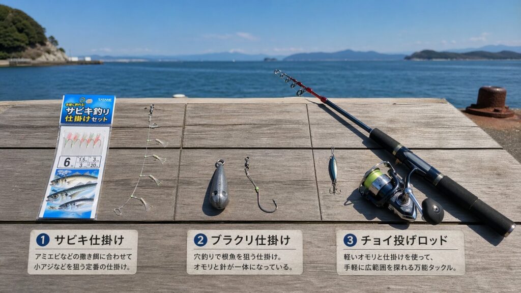 サビキ釣り・穴釣りブラクリ・ちょい投げの3種類の釣具が並ぶ木製桟橋・青い海背景・初心者向け釣り方の比較イメージ