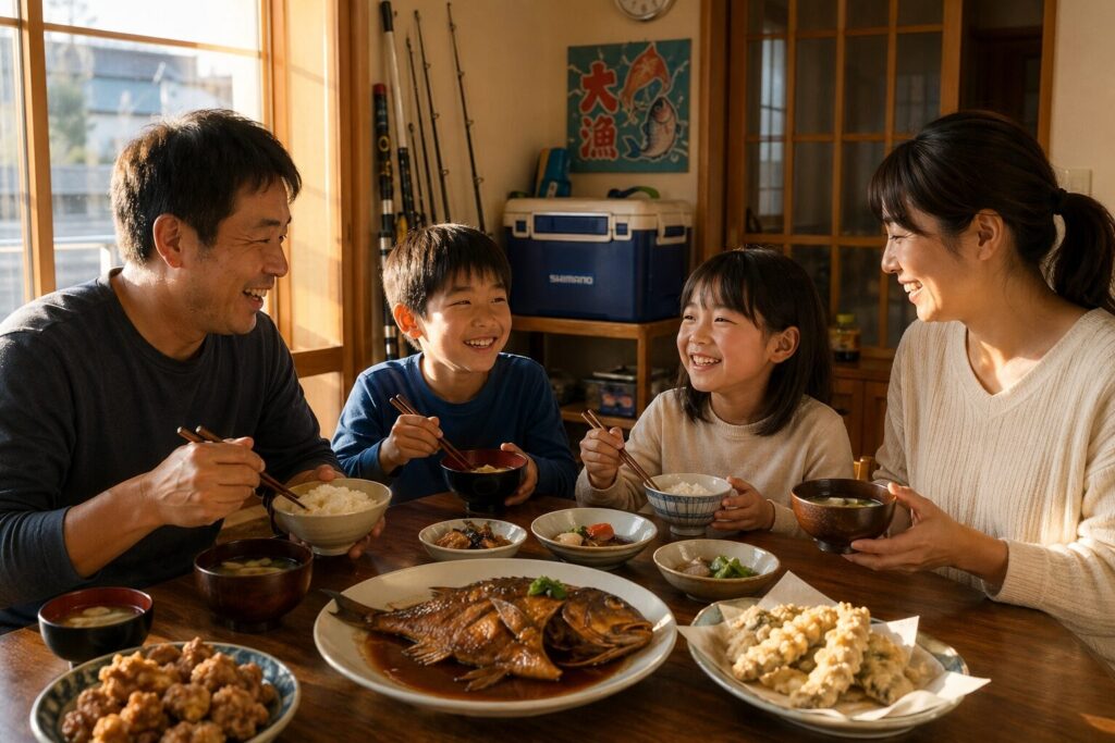 釣った魚を家族で食卓を囲んで食べる温かい夕食シーン。唐揚げ・煮付け・天ぷらが並び、背景に釣り竿とクーラーボックス。家族の笑顔と絆を描いた感動的な結論画像