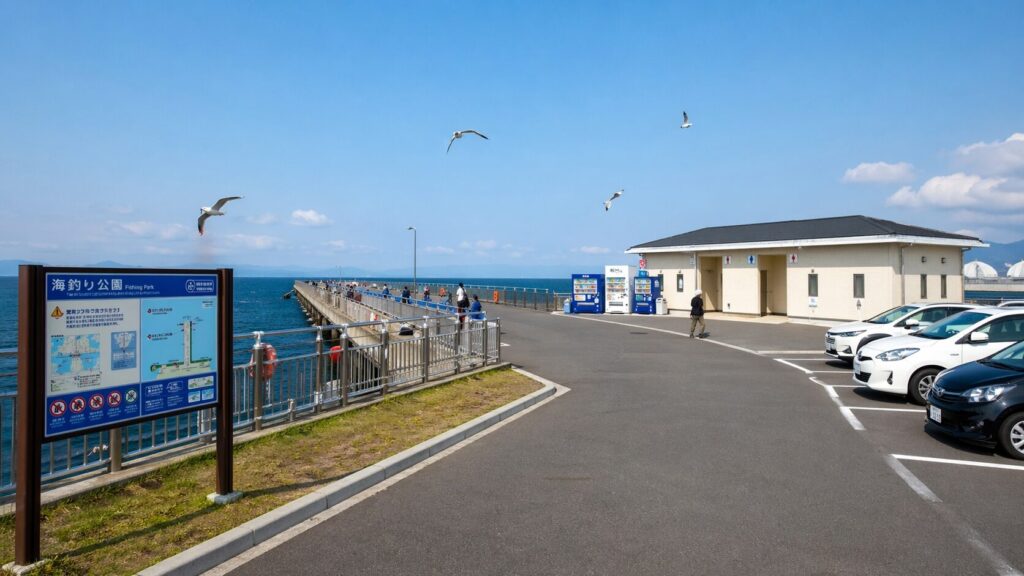 清潔なトイレと駐車場完備の海釣り公園・安全柵と案内看板・穏やかな青い海・ファミリーにも安心な釣り施設の全景