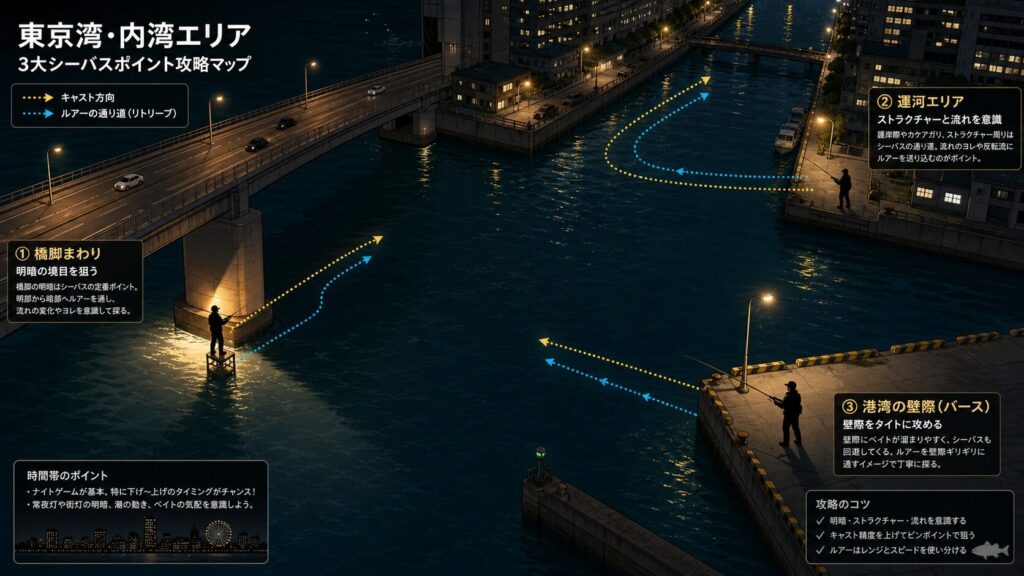 東京湾奥の夜景を俯瞰した釣り場マップ、明暗部・橋脚・運河の3つのポイント別にルアーの軌道と日本人アングラーのシルエットを配置したイラスト