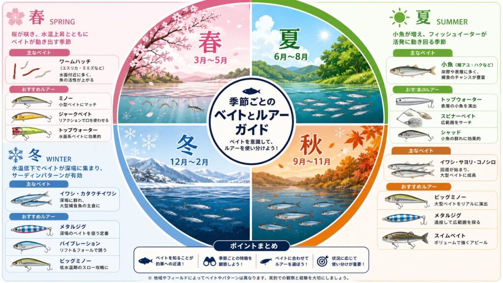  春夏秋冬を4分割した円形インフォグラフィック、各季節のベイト(バチ・イナッコ・サッパ等)と対応するルアータイプを日本の季節カラーで表現した解説図

