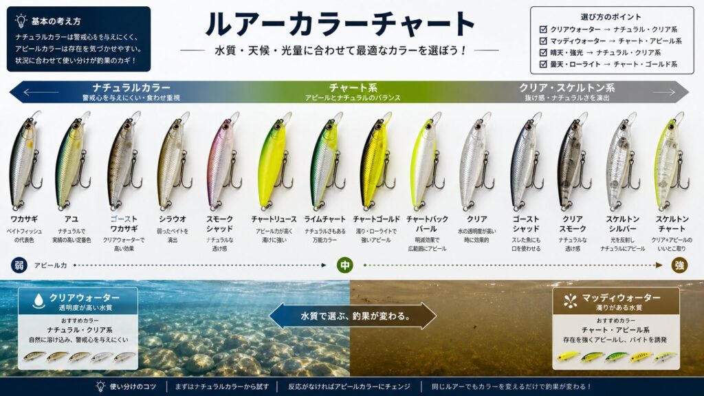 湾奥シーバス用ルアーのカラーチャート、ナチュラル系からチャート系・クリア系までグラデーション配置、澄み潮と濁り潮の水色対比背景付き