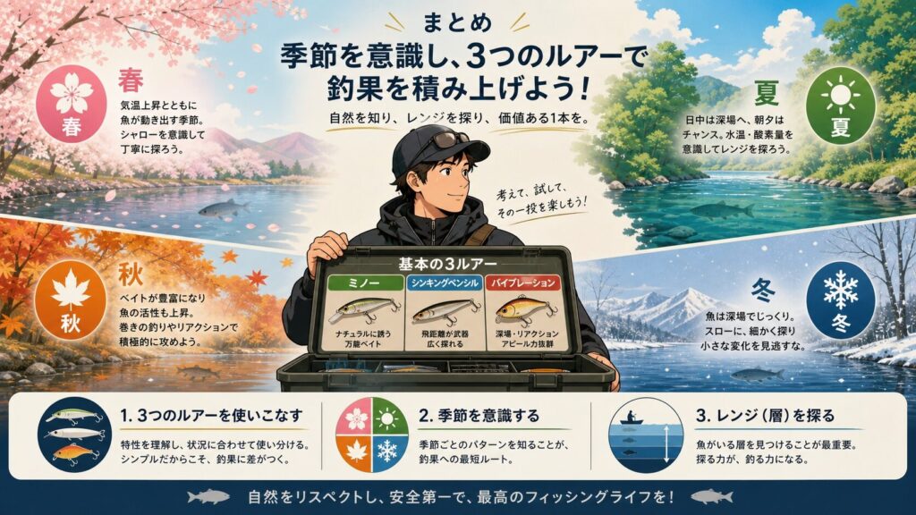湾奥シーバスルアー選びのまとめ、3種類のルアー(ミノー・シンキングペンシル・バイブレーション)を整理した日本人アングラー、四季の背景とレンジ攻略・季節意識の要点アイコン付きインフォグラフィック