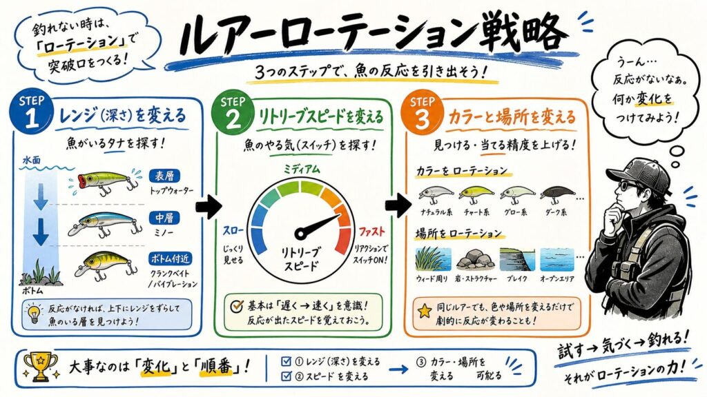 湾奥シーバスで釣れない時の3ステップローテーション戦略、レンジ変更・巻き速度調整・カラー/場所変更をフローチャート式で示すグラレコ風インフォグラフィック