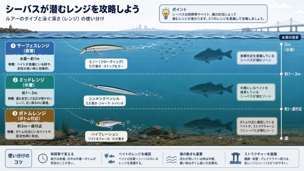  水中断面図で示す3つのレンジ別ルアーの役割、表層のミノー・中層のシンキングペンシル・底付近のバイブレーション、シーバスのシルエット付き教育的インフォグラフィック