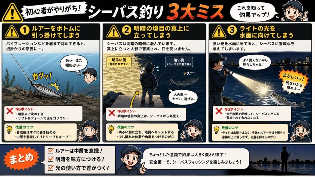 湾奥シーバス初心者の3つの典型的失敗例、根がかり・明暗の真上に立つ・ライトで水面を照らす、を3コマ風に表現した注意喚起イラスト
