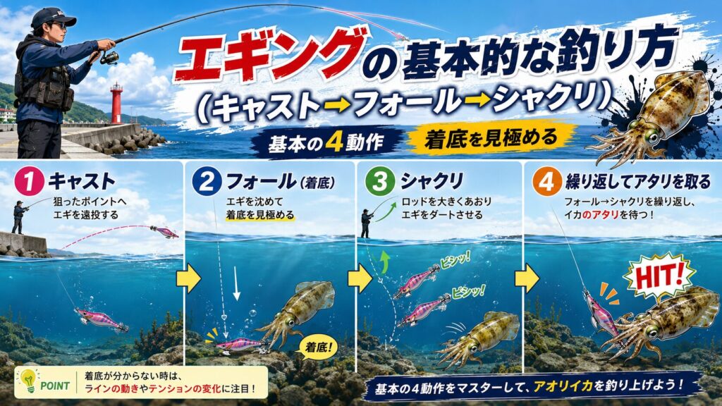 エギングの基本的な釣り方（キャスト→フォール→シャクリ）