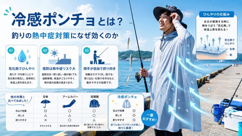 冷感ポンチョとは?釣りの熱中症対策になぜ効くのか