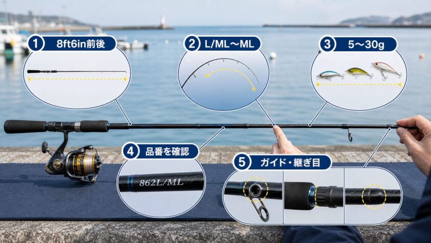 日本の堤防で初心者がロッドの長さ・硬さ・ルアー重量・品番・ガイドを確認している選び方図解