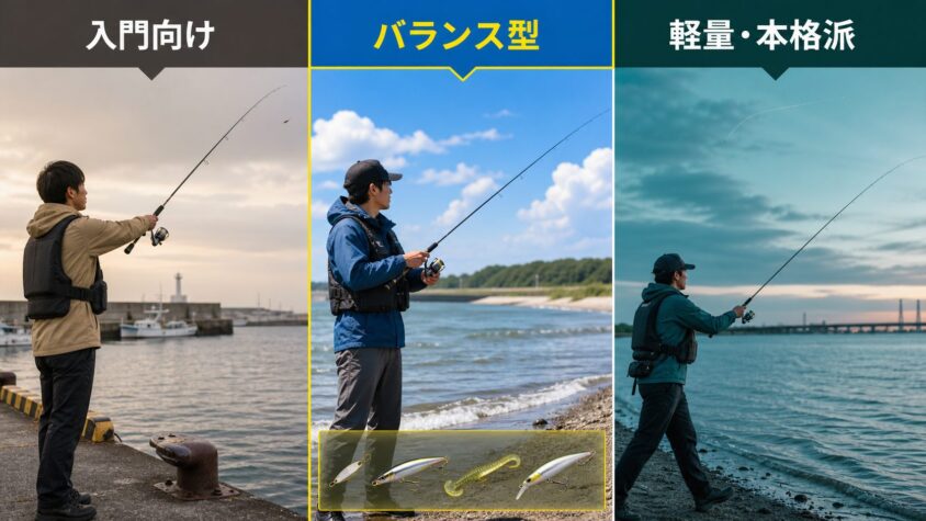初心者向けロッドを入門向け・バランス型・軽量本格派の異なる釣り場で比較した図解