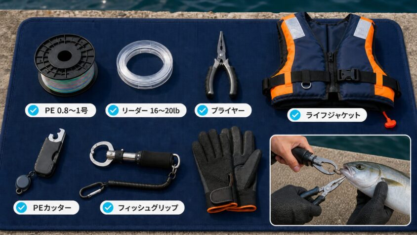 PEライン・リーダー・プライヤー・ラインカッター・ライフジャケット・フィッシュグリップをまとめた必須用品図解